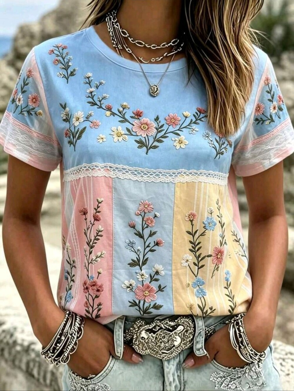 SALE ** BRAND NEW ** Floral Patchwork Short Sleeve Top - Pastel Blue/Pink/Yellow